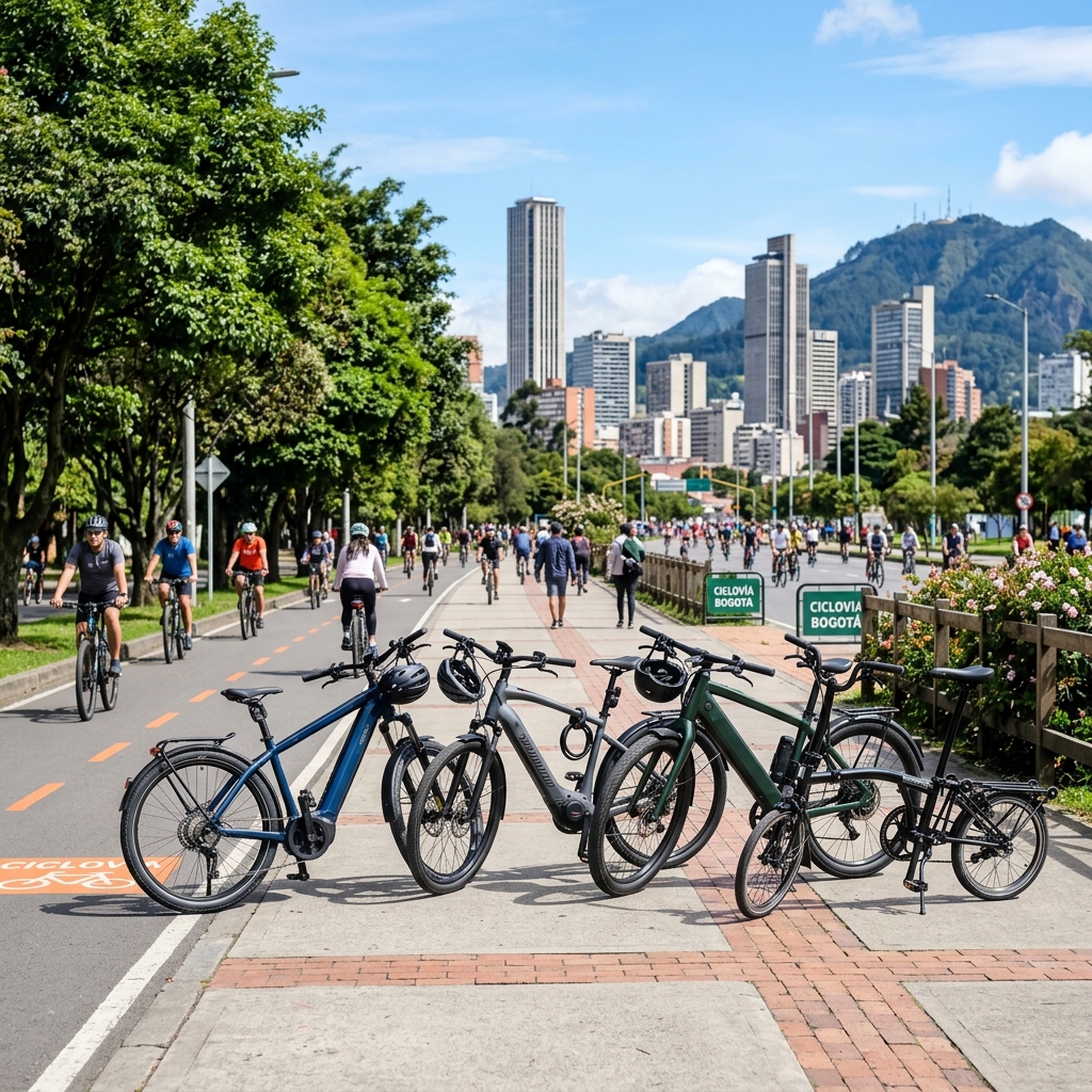 Flota de bicicletas eléctricas de Bogotá Virtual Ciclas estacionadas en la ciclovía
